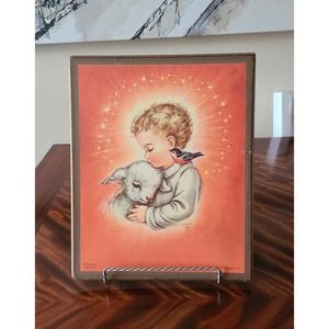 1958 Jesus (as a child) with Lamb and Bird Vintage Plaque